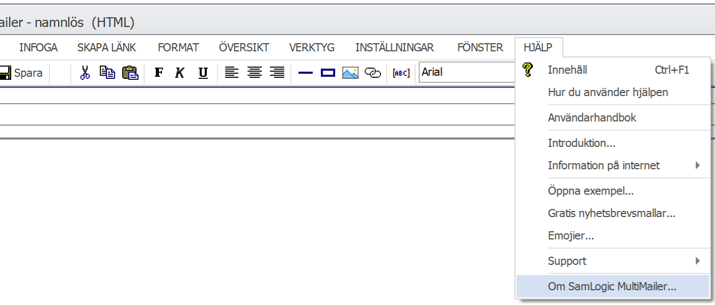 Menyalternativet 'Om SamLogic MultiMailer'